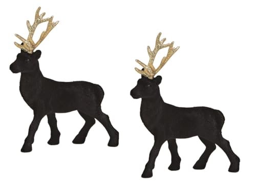 Deko Hirsch 2er Set – Schwarz mit Goldgeweih – 21 cm hoch – Samt-Überzug & Glitzer – Weihnachtsdeko modern – Hirsche aus Polyresin – Stehend – Winter Dekofigur Tisch Regal (Schwarz) Deko Hirsch 2er Set – Schwarz mit Goldgeweih – 21 cm hoch – Samt-Überzug & Glitzer – Weihnachtsdeko modern – Hirsche aus Polyresin – Stehend – Winter Dekofigur Tisch Regal (Schwarz) von Miss Lovely