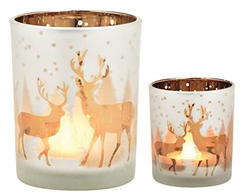 2er Set Teelichthalter Windlichter Teelicht-Gläser WINTERWALD MIT Hirsch Kerzen-Ständer in weiß & Gold - Weihnachts-Deko Dekoration Weihnachten Tisch-Dekoration Herbst Winter & Advent von Miss Lovely