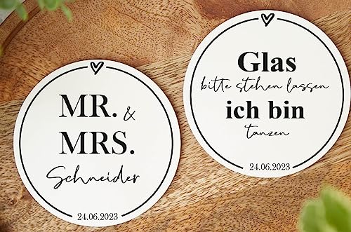 Miss Lovely Bierdeckel Hochzeit personalisiert MR & MRS in schwarz & weiß Zubehör Hochzeit Polterabend JGA Junggesellenabschied Glas-Untersetzer mit Namen & Hochzeitsdatum 50 Stück von Miss Lovely