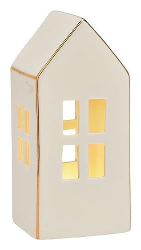 Miss Lovely Deko-Figur Haus LED Lichthaus in weiß & Gold Porzellan Deko-Figur LED beleuchtet Winter-Dorf Windlicht Heim-Deko Raumdeko modern Weihnachts-Deko Winterdorf Herbst-Deko Advent Höhe 15cm von Miss Lovely