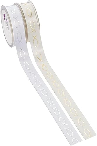 Miss Lovely Geschenk-Band Satin mit Fischen - Verpackung Gastgeschenke Hochzeit Konfirmation Kommunion Firmung Taufe Junge Mädchen - Bastelzubehör Geschenke Deko-Band 1 Rolle = 20m weiß & Silber von Miss Lovely