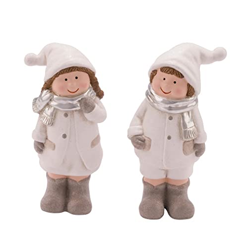 Miss Lovely Hochwertige Deko-Figuren 2er Set Winter-Kinder Mädchen & Junge Weihnachts-Dekoration weiß Silber Taupe & grau mit Glitzer Weihnachten Weihnachtsschmuck Advent Winter Geschenk-Idee von Miss Lovely