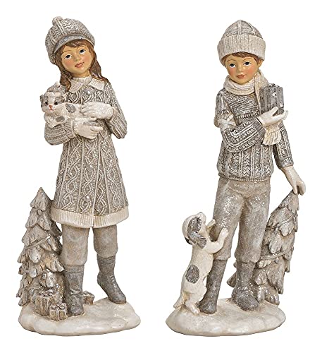 Hochwertige Deko-Figuren 2er Set Winter-Kinder Mädchen & Junge mit Katze & Hund Weihnachts-Dekoration weiß Silber & grau Weihnachten Weihnachtsschmuck Advent Winter von Miss Lovely