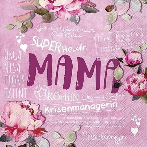 Miss Lovely Servietten Mama SUPERHELDIN Tisch-Dekoration Muttertag Danke Mama Best Mum Ever Statement-Serviette in rosa & pink 60 Servietten von Miss Lovely