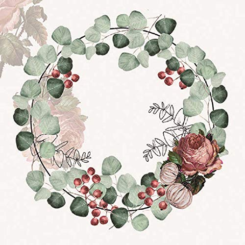 Miss Lovely Servietten Roses Botanical Servietten mit Blätter-Ranke & Rosen weiß grün rosa Tisch-Dekoration Herbst Weihnachten Hochzeits-Deko Zubehör & Accessoires 20 Servietten von Miss Lovely