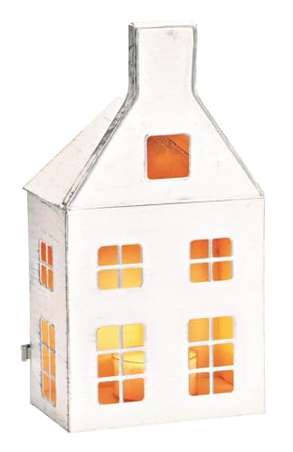 Miss Lovely Windlicht Haus Teelichthalter in weiß Metall Deko-Figur Winter-Dorf Lichthaus Heim-Deko Raumdeko modern Weihnachts-Deko Winterdorf Used Look Herbst-Deko Advent Höhe 25cm von Miss Lovely