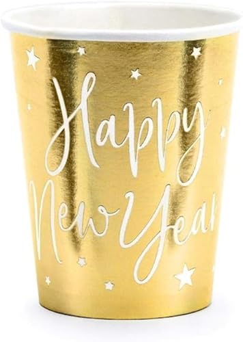 Party-Becher Papp-Becher Einweg-Geschirr Happy New Year Tisch-Deko Silvester in Gold - Tisch-Deko Silvester-Party Zubehör Neujahr Jahres-Wechsel Feier 6 Becher von Miss Lovely