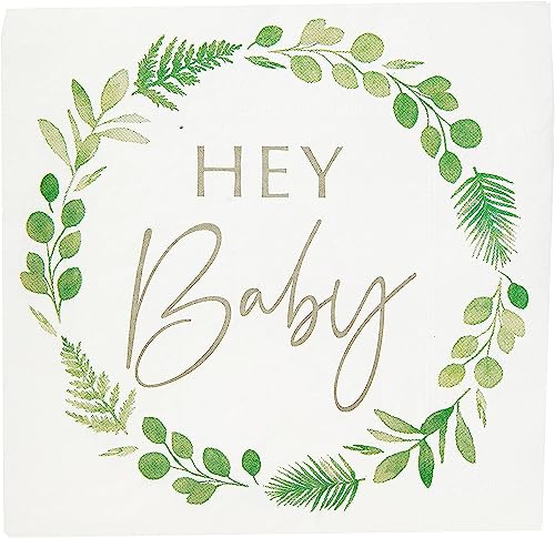 Party-Servietten Hey Baby Botanical Eukalyptus Blätter-Kranz weiß & grün Tisch-Deko Baby-Party Baby-Shower Taufe Geburt Junge & Mädchen Accessoires Zubehör Dekoration 16 Servietten von Miss Lovely