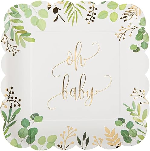 Party-Teller Einweg-Gesschirr OH Baby Botanical Eukalyptus Blätter weiß, grün & Gold Tisch-Deko Baby-Party Baby-Shower Taufe Geburt Junge & Mädchen Accessoires Zubehör 16 Teller von Miss Lovely