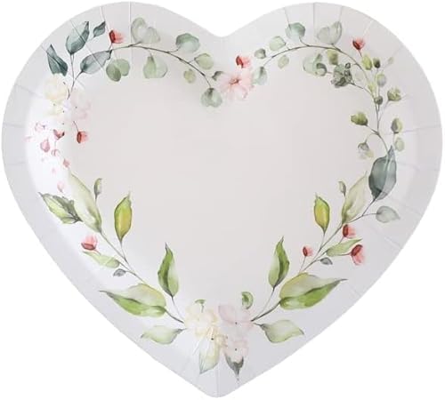Party-Teller Papp-Teller Einweg-Geschirr Herz Botanical EUKALYPTUS MIT Blumen weiß & grün Tisch-Deko Valentinstag Hochzeit Party Tisch-Dekoration Accessoires & Zubehör Candy-Bar 10 Teller von Miss Lovely