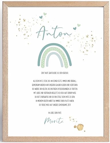 Patenbrief REGENBOGEN in grün vom Paten an das Kind Patengeschenk Poster Taufgeschenk für Mädchen & Jungen personalisierbar mit Namen des Babys & des Paten / der Patin Geschenk Taufe A3 29,7 x 42cm von Miss Lovely