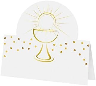 Platzkarten Kommunion & Konfirmation blanko Tischkarten mit Kelch & Sonne weiß & Gold Tisch-Deko christliche Symbole für Firmung & Taufe 12 Tischkarten von Miss Lovely