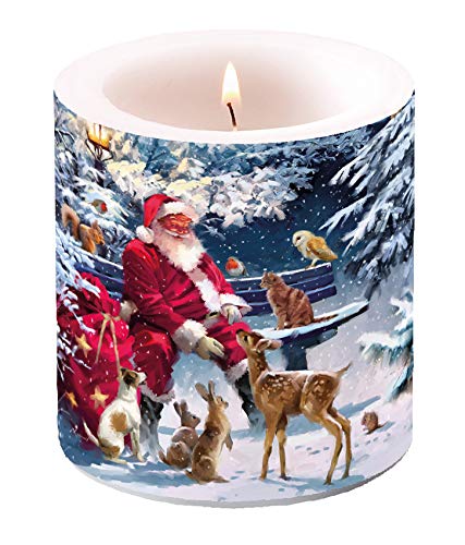 Miss Lovely Retro Stumpen-Kerze Wind-Licht Weihnachts-Kerze Motiv Santa Claus Weihnachts-Mann Nikolaus mit Tieren im Winter-Wald - Weihnachts-Deko Tisch-Dekoration Weihnachten Advent Winter von Miss Lovely