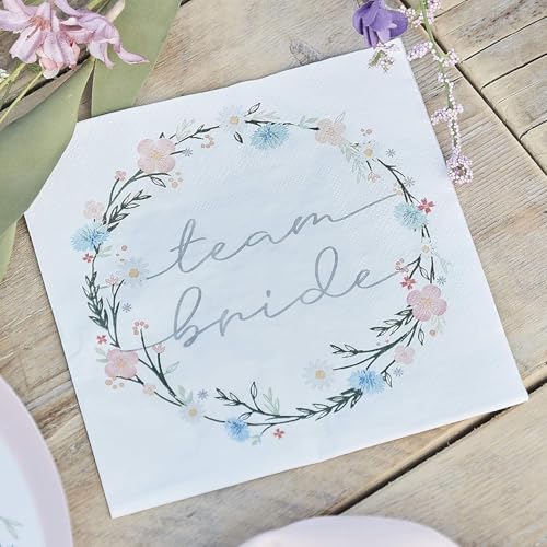 Servietten JGA Team Bride Boho Flower Blumen-Motiv rosa Pastell Papier-Servietten Tisch-Deko Junggesellinnenabschied Junggesellen-Abschied JGA-Party Accessoires Hochzeits-Dekoration 16 Serveitten von Miss Lovely