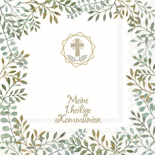 Servietten Meine 1. HEILIGE Kommunion mit Kreuz & Botanical Eukalyptus Ranke weiß & grün Tisch-Deko Kommunion für Mädchen & Jungen 60 Servietten von Miss Lovely