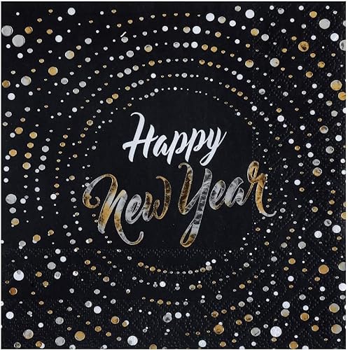 Servietten Silvester HAPPY NEW YEAR in schwarz & gold mit Punkten - 33x 33cm - Silvester-Deko Tisch-Dekoration Silvester Neujahr Silvester-Party Tisch-Dekoration 30 Servietten von Miss Lovely