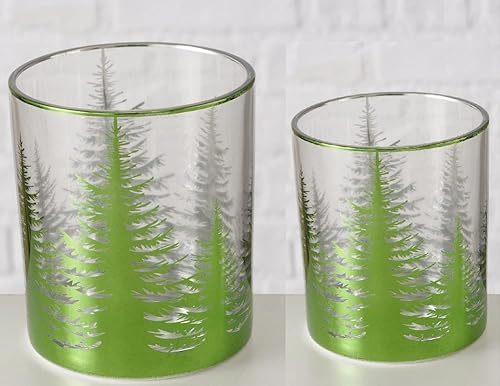 Windlicht Set 2-teilig – Teelichthalter aus Glas mit hellgrüner Tannenwald-Silhouette – stilvolle Winter- & Weihnachtsdeko – 8×10 cm & 7×9 cm (Winterwald hellgrün 2er Set) von Miss Lovely