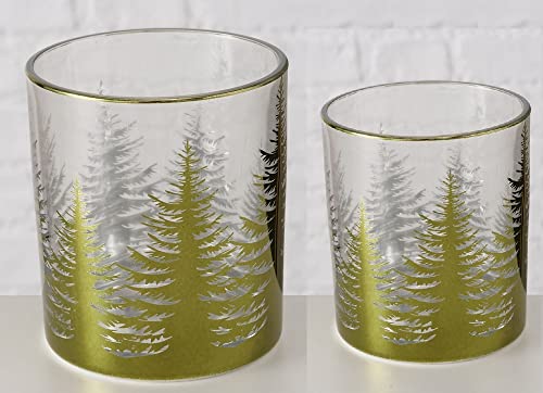 Windlicht Set 2-teilig – Teelichthalter mit moosgrünem Tannenwald-Design aus Glas – Festliche Tischdeko für Herbst & Weihnachten – 8×10 cm & 7×9 cm (Winterwald grün 2er Set) von Miss Lovely