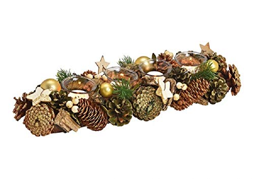 Weihnachts-Gesteck Advents-Kranz Teelicht-Kerzen-Halter Advent aus Holz mit Tannen-Zweigen, Kugeln, Ästen & Sternen braun grün & gold - Weihnachts-Deko Tisch-Dekoration Winter & Advent Länge 42cm von Miss Lovely