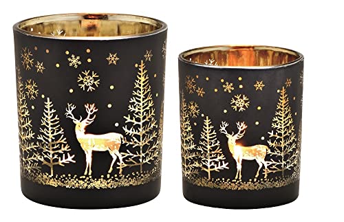 Windlichter 2er Set Schwarz-Gold mit Hirsch & Tannen – Weihnachtsdeko & Winterdeko – Kerzenhalter aus Glas – Ø 9/7 cm, Höhe 10/8 cm (Hirsche schwarz & Gold 2er Set) von Miss Lovely