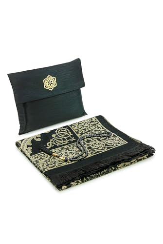 ihvan online Muslimischer Gebetsteppich und Perlen Mit Eleganter Tragbar Stoff Tasche, Janamaz, Sajjadah, Weiche Islamischen Gebetsteppich, Islamische Geschenke, Gebet Teppich Matte, Schwarzer von ihvan online