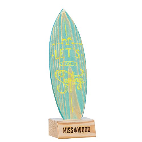 Miss Wood Woody Surf-Board – Mini Tablita aus Holz, inklusive Ständer mit Design Let 's Go Surfing, blau von Miss Wood