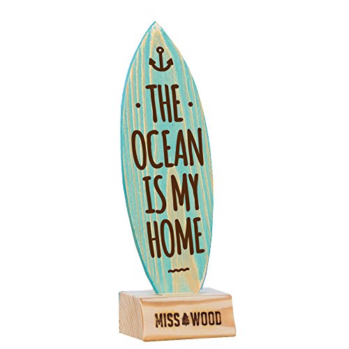 Miss Wood Woody Surf-Board – Mini Tablita aus Holz, inklusive Ständer mit Design The Ocean is My Home, blau von Miss Wood