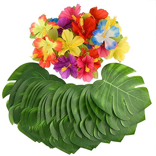 Tropical Party Dekoration Liefert,Tropical Palm Monstera Blätter und Seide Hibiskus Blumen künstliche Monstera Pflanzenblätter Blumen für hawaiische Luau Party Jungle Beach Thema Tischdekoration von Miss-shop