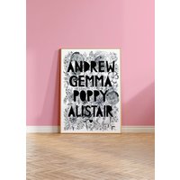 Personalisierte Familie Schwarzweißdruck, Monochromer Druck, Blumendruck, Personalisierter Familiendruck, Benutzerdefinierter Familiendruck Personalisierte Familie Schwarzweißdruck, Monochromer Druck, Blumendruck, Personalisierter Familiendruck, Benutzerdefinierter Familiendruck von MissBespokePapercuts