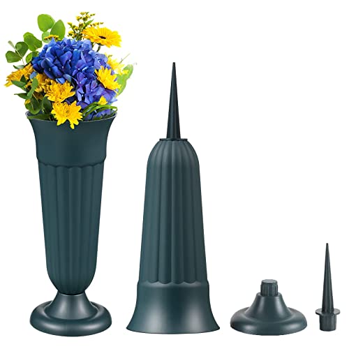 MissFox 2 Stücke Grabvase mit Erdspieß und Sockel, 33 x 11 cm Friedhofsvase Kunststoff, Grabvasen Frostsicher als Grabschmuck, Blumenvase Friedhof für Gräber Garden (Grün) von MissFox