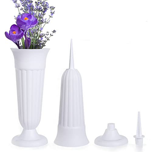 MissFox 2 Stücke Grabvase mit Erdspieß und Sockel, 33 x 11 cm Friedhofsvase Kunststoff, Grabvasen Frostsicher als Grabschmuck, Blumenvase Friedhof für Gräber Garden (Weiß) von MissFox