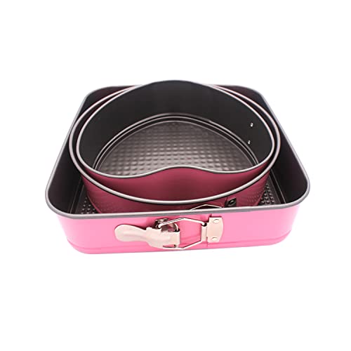 MissFox 3 Stück Springform Set, Backformen Set mit Abnehmbarer Flachboden, Antihaft Kuchenform Herz Rund Eckig (22/24/26 cm, Rosa) von MissFox