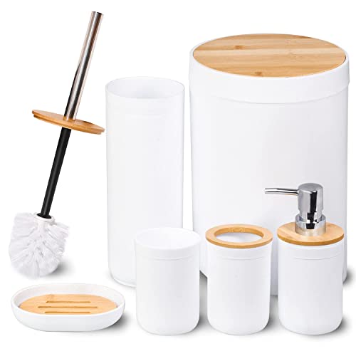 MissFox 6-teiliges Badezimmer Set, Seifenspender Zubehör Set aus Bambus, Badezimmer Accessoires Set mit Lotionspender, Mülleimer, Seifenschale, Toilettenbürste, Zahnbürstenhalter und Zahnputzbecher von MissFox