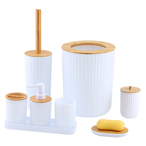 MissFox 8-teiliges Badezimmer Zubehör Set, Seifenspender Set aus Bambus, Badezimmerset mit Lotionspender, Mülleimer, Seifenschale, Zahnbürstenhalter, Zahnputzbecher, Toilettenbürste und Tablett von MissFox