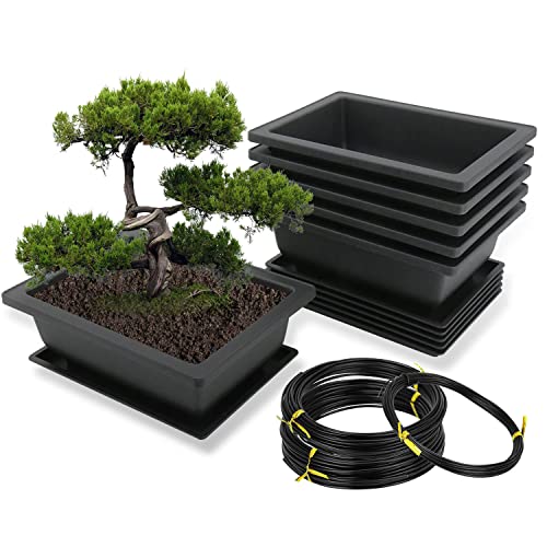 MissFox Bonsai Schale mit Untersetzer, 6 Stücke Bonsai Trainingstöpfe aus Kunststoff, Topfpflanzen Pflanztopf für Garten, Blumentopf Rechteckig Set mit 1.5/2/3mm Aluminium Bonsai Draht, 16x12x6cm von MissFox