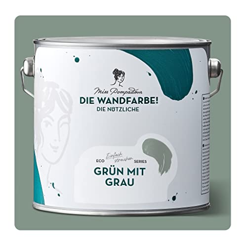 MissPompadour abwaschbare Wandfarbe Grün mit Grau 2,5L - hohe Deckkraft & Ergiebigkeit - matte, scheuerbeständige Innenfarbe - geruchsarm, wasserbasiert, atmungsaktiv - Die Nützliche von MissPompadour