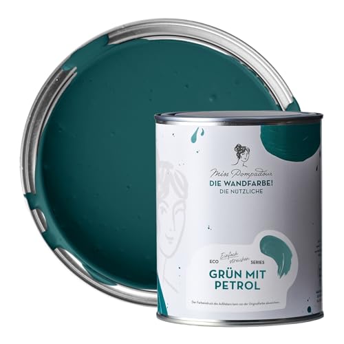 MissPompadour abwaschbare Wandfarbe Grün mit Petrol 1L - hohe Deckkraft & Ergiebigkeit - matte, scheuerbeständige Innenfarbe - geruchsarm, wasserbasiert, atmungsaktiv - Die Nützliche von MissPompadour