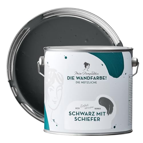 MissPompadour abwaschbare Wandfarbe Schwarz mit Schiefer 2,5L - hohe Deckkraft & Ergiebigkeit - matte, scheuerbeständige Innenfarbe - geruchsarm, wasserbasiert, atmungsaktiv - Die Nützliche von MissPompadour