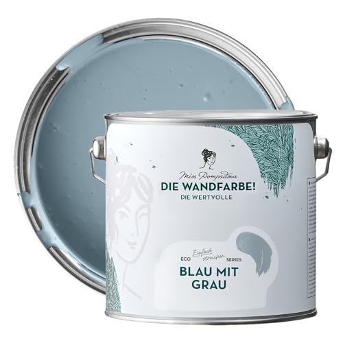 MissPompadour edelmatte Wandfarbe Blau mit Grau 2,5L - sehr hohe Deckkraft - geruchsneutrale, spritzfreie Farbe - atmungsaktive, wasserbasierte Innenfarbe/Deckenfarbe - Die Wertvolle von MissPompadour