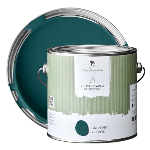 MissPompadour edelmatte Wandfarbe Grün mit Petrol 2,5L - sehr hohe Deckkraft - geruchsneutrale, spritzfreie Farbe - atmungsaktive, wasserbasierte Innenfarbe/Deckenfarbe - Die Wertvolle von MissPompadour