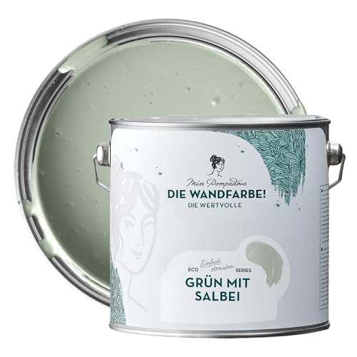 MissPompadour edelmatte Wandfarbe Grün mit Salbei 2,5L - sehr hohe Deckkraft - geruchsneutrale, spritzfreie Farbe - atmungsaktive, wasserbasierte Innenfarbe/Deckenfarbe - Die Wertvolle von MissPompadour