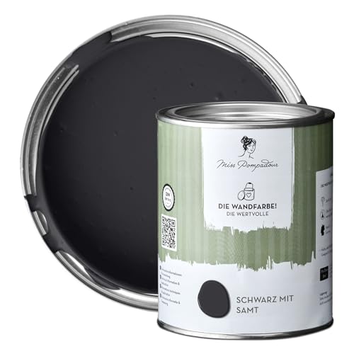 MissPompadour edelmatte Wandfarbe Schwarz mit Samt 1L - sehr hohe Deckkraft - geruchsneutrale, spritzfreie Farbe - atmungsaktive, wasserbasierte Innenfarbe/Deckenfarbe - Die Wertvolle von MissPompadour