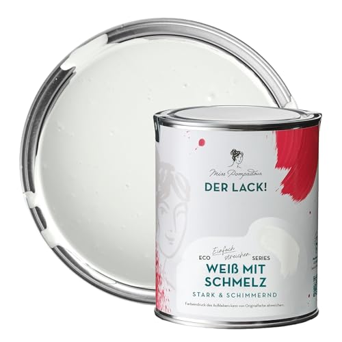 MissPompadour seidenmatte Holzfarbe Innen & Außen 1L Weiß mit Schmelz, Möbelfarbe ohne Schleifen - Farbe für Holz, Metall, Kunststoff - Holzlack, Möbellack schnelltrocknend mit hoher Deckkraft von MissPompadour