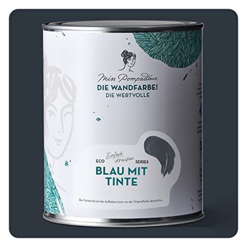 MissPompadour edelmatte Wandfarbe Blau mit Tinte 1L - sehr hohe Deckkraft - geruchsneutrale, spritzfreie Farbe - atmungsaktive, wasserbasierte Innenfarbe/Deckenfarbe - Die Wertvolle von MissPompadour