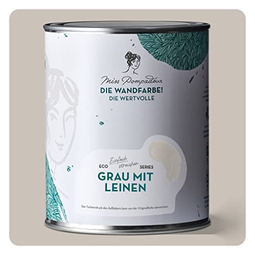 MissPompadour edelmatte Wandfarbe Grau mit Leinen 1L - sehr hohe Deckkraft - geruchsneutrale, spritzfreie Farbe - atmungsaktive, wasserbasierte Innenfarbe/Deckenfarbe - Die Wertvolle von MissPompadour