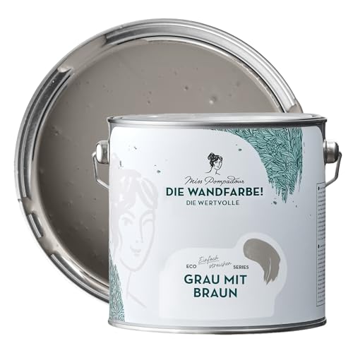 MissPompadour edelmatte Wandfarbe Grau mit Braun 2,5L - sehr hohe Deckkraft - geruchsneutrale, spritzfreie Farbe - atmungsaktive, wasserbasierte Innenfarbe/Deckenfarbe - Die Wertvolle von MissPompadour