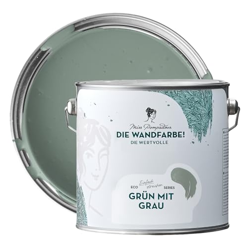 MissPompadour edelmatte Wandfarbe Grün mit Grau 2,5L - sehr hohe Deckkraft - geruchsneutrale, spritzfreie Farbe - atmungsaktive, wasserbasierte Innenfarbe/Deckenfarbe - Die Wertvolle von MissPompadour