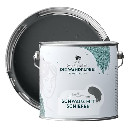 MissPompadour edelmatte Wandfarbe Schwarz mit Schiefer 2,5L - sehr hohe Deckkraft - geruchsneutrale, spritzfreie Farbe - atmungsaktive, wasserbasierte Innenfarbe/Deckenfarbe - Die Wertvolle von MissPompadour