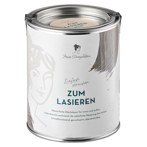 MissPompadour seidenglänzende Holzlasur außen & innen wetterfest weiß 1L, geruchsarme Lasur für Holz mit UV-Schutz, wasserbasierte Holzfarbe von MissPompadour