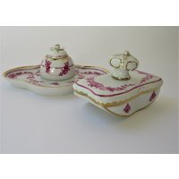 Vintage Schreibtischset Potschappel Dresden Porzellan Tintenfass + Löschwiege Weiß Pink Für Den Schreibtisch von MissTellGeschenke